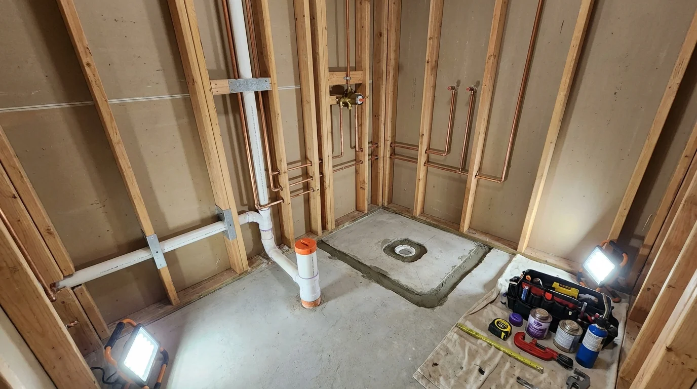 Bathroom rough-in plumbing during remodel by Johns Plumbing LLC in Port Sulphur