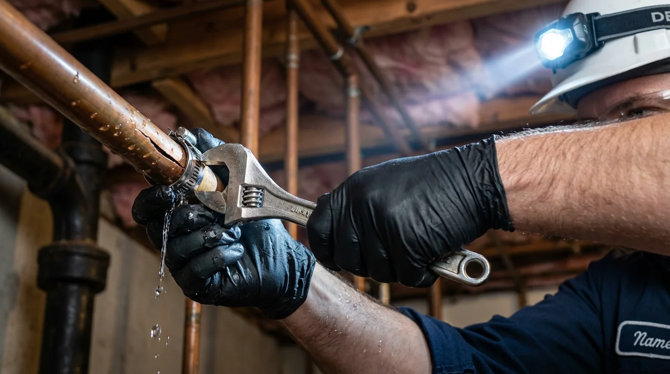 Emergency pipe clamp repair being performed by a Johns Plumbing LLC plumber in Port Sulphur