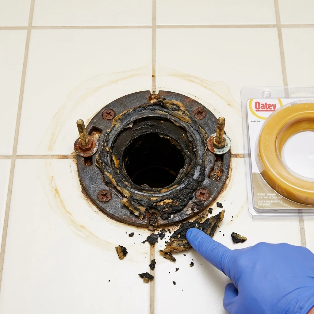 Failed wax ring showing water seepage at the base of a toilet in a Port Sulphur, LA home