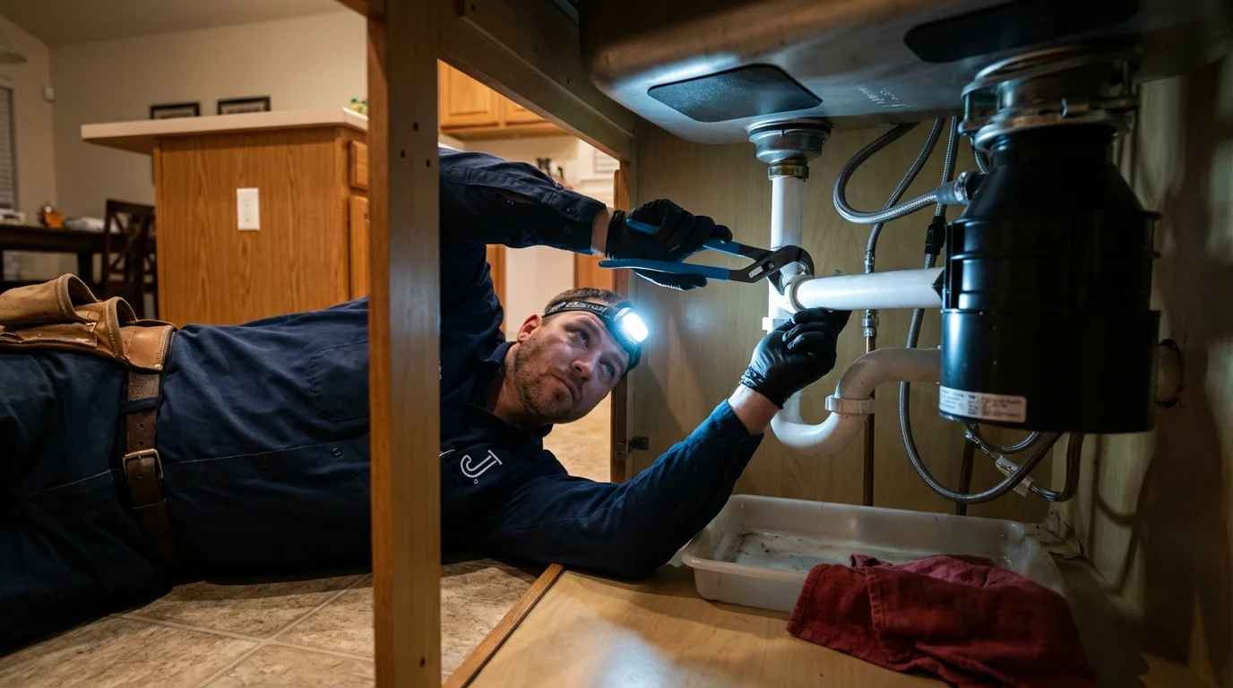 P-trap and supply line connections under a kitchen sink showing a common leak point in Port Sulphur, LA